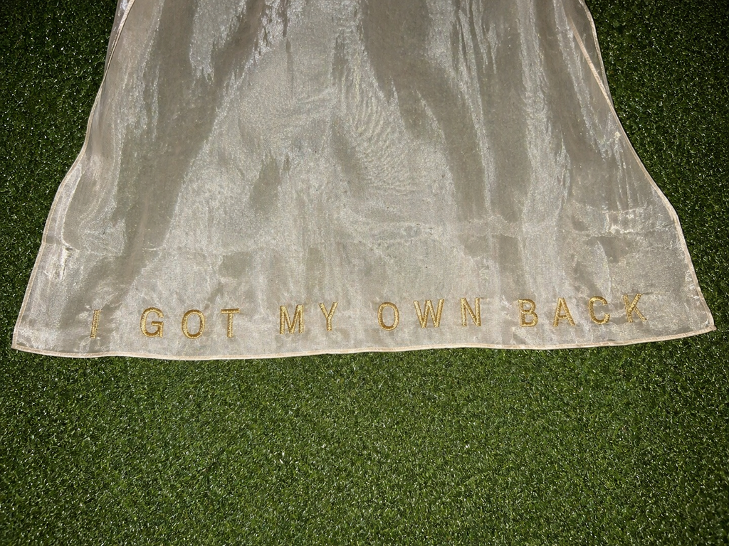 Floor length liquid organza shrug with nude satin maxi dress