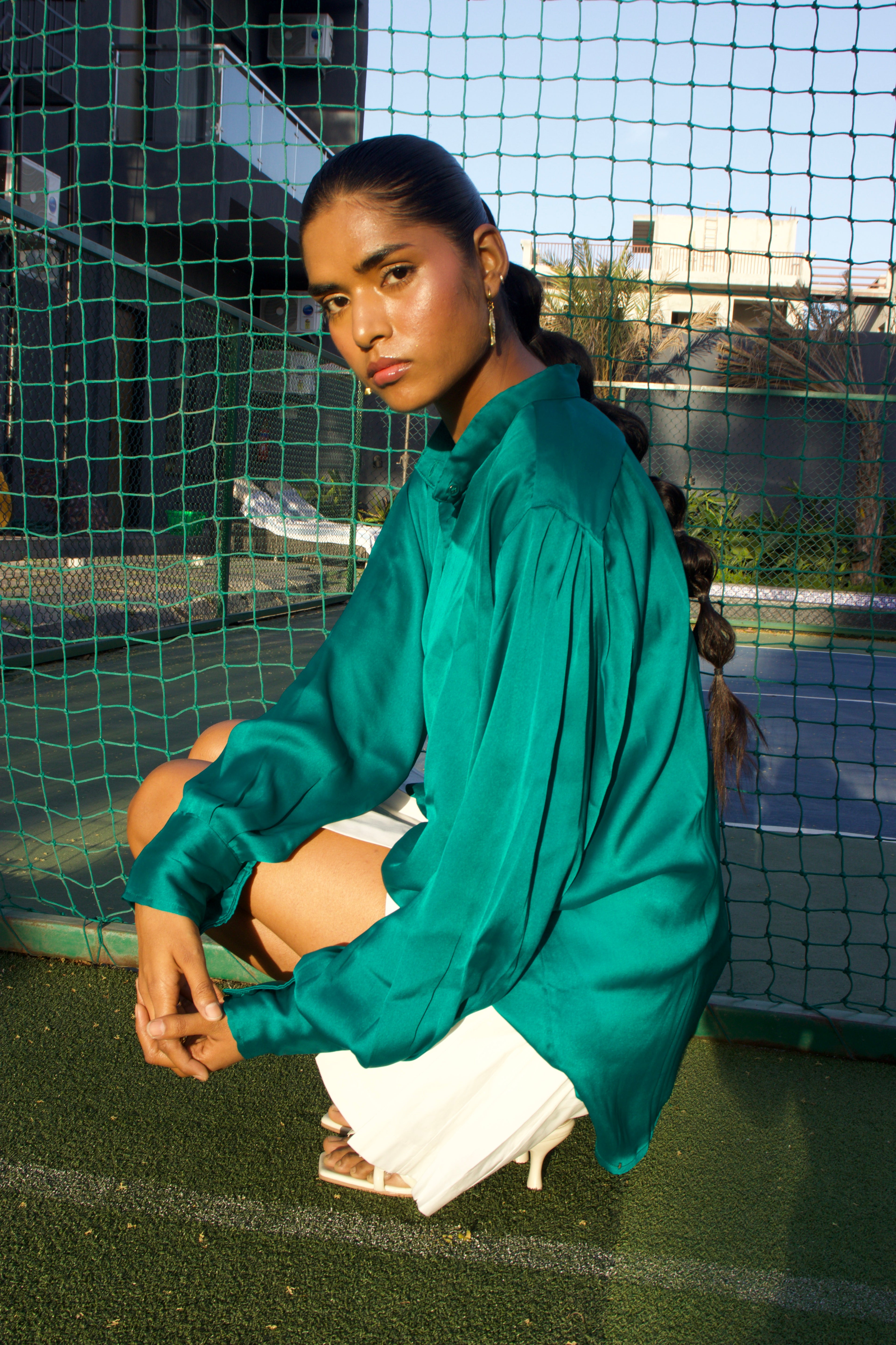 Emerald silk satin shirt