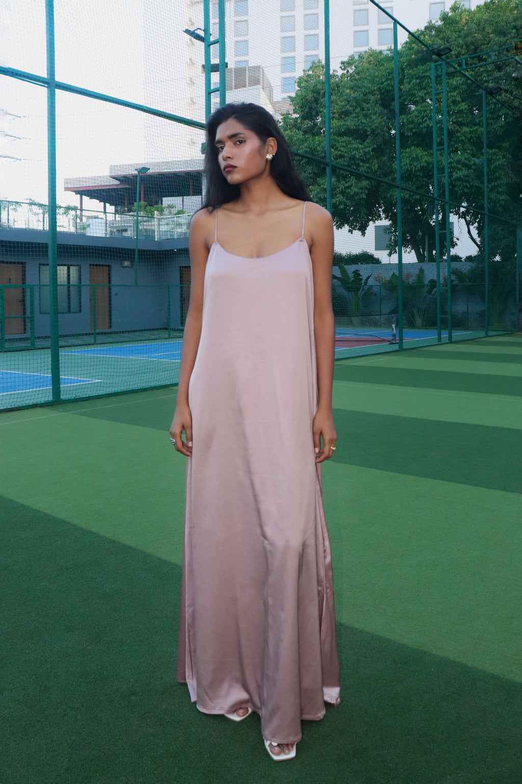 Nude satin maxi dress