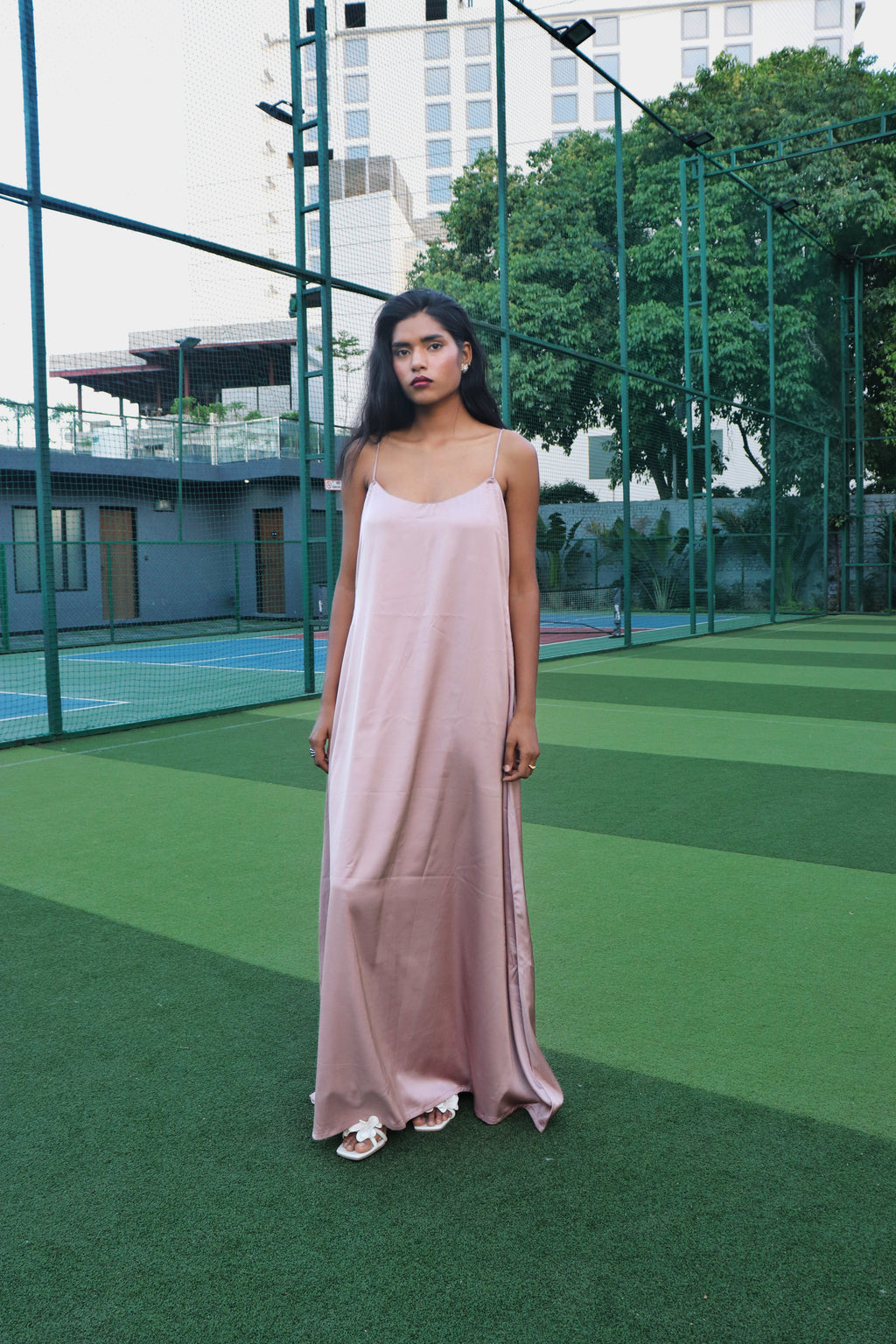 Nude satin maxi dress