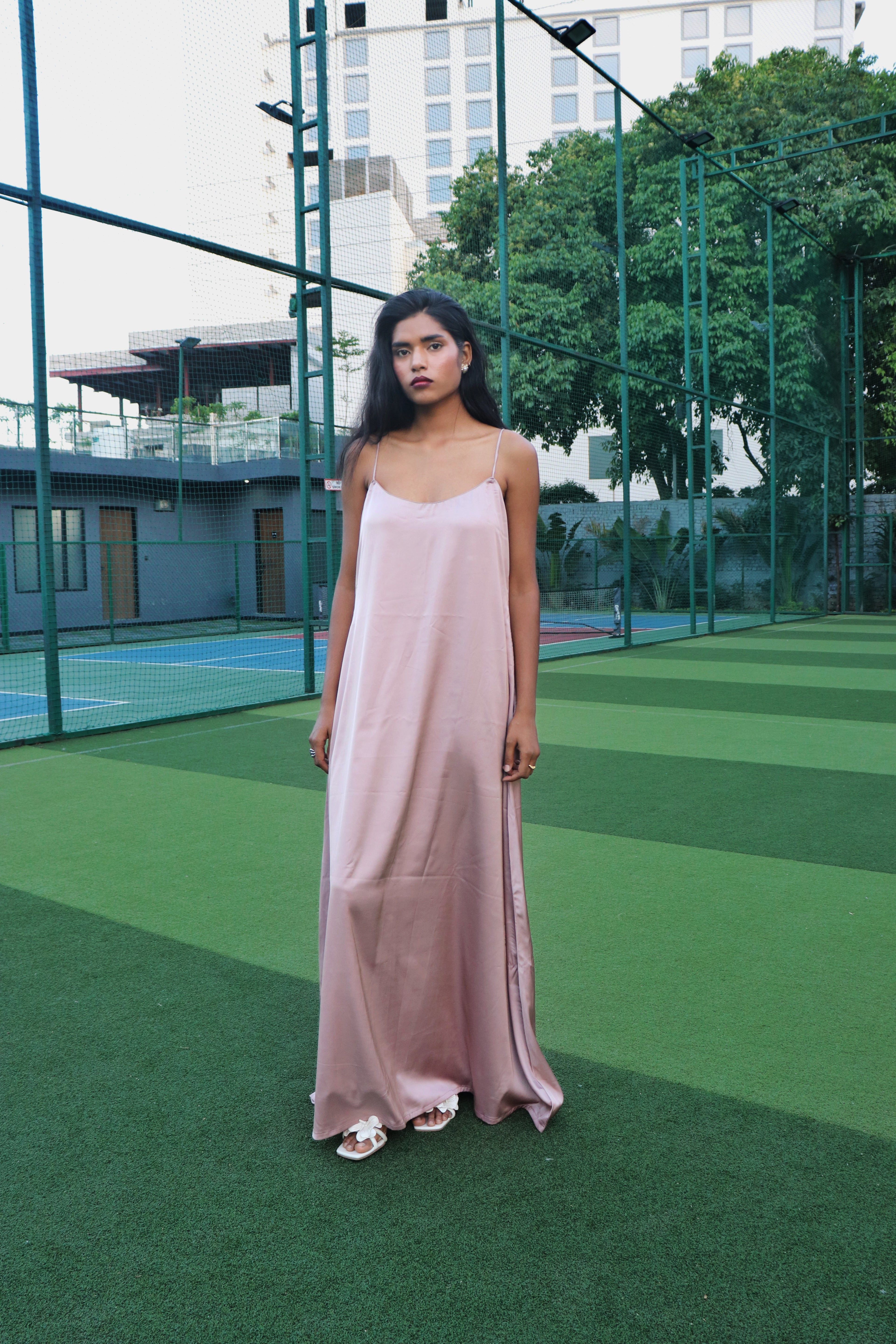 Nude satin maxi dress