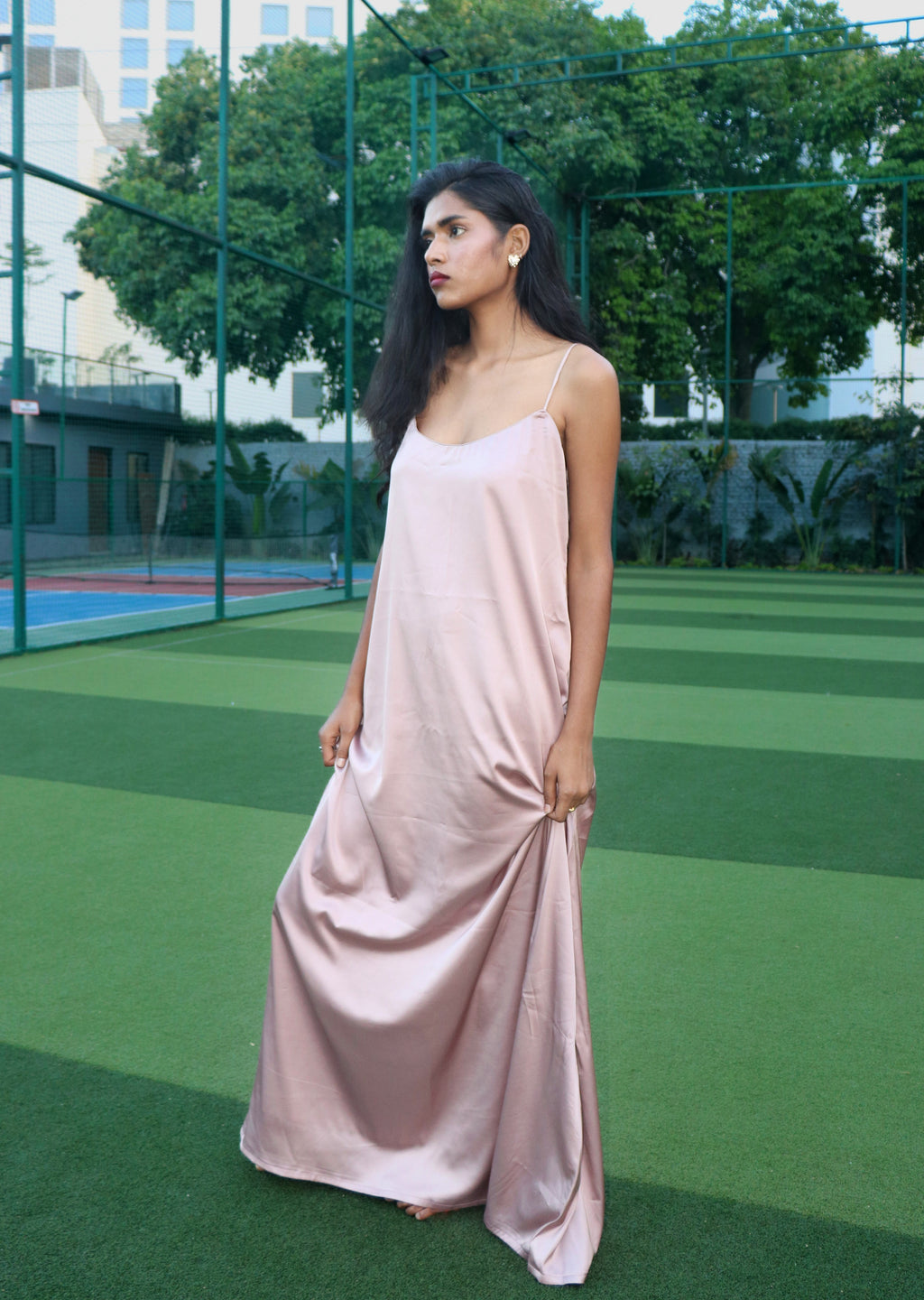 Nude satin maxi dress