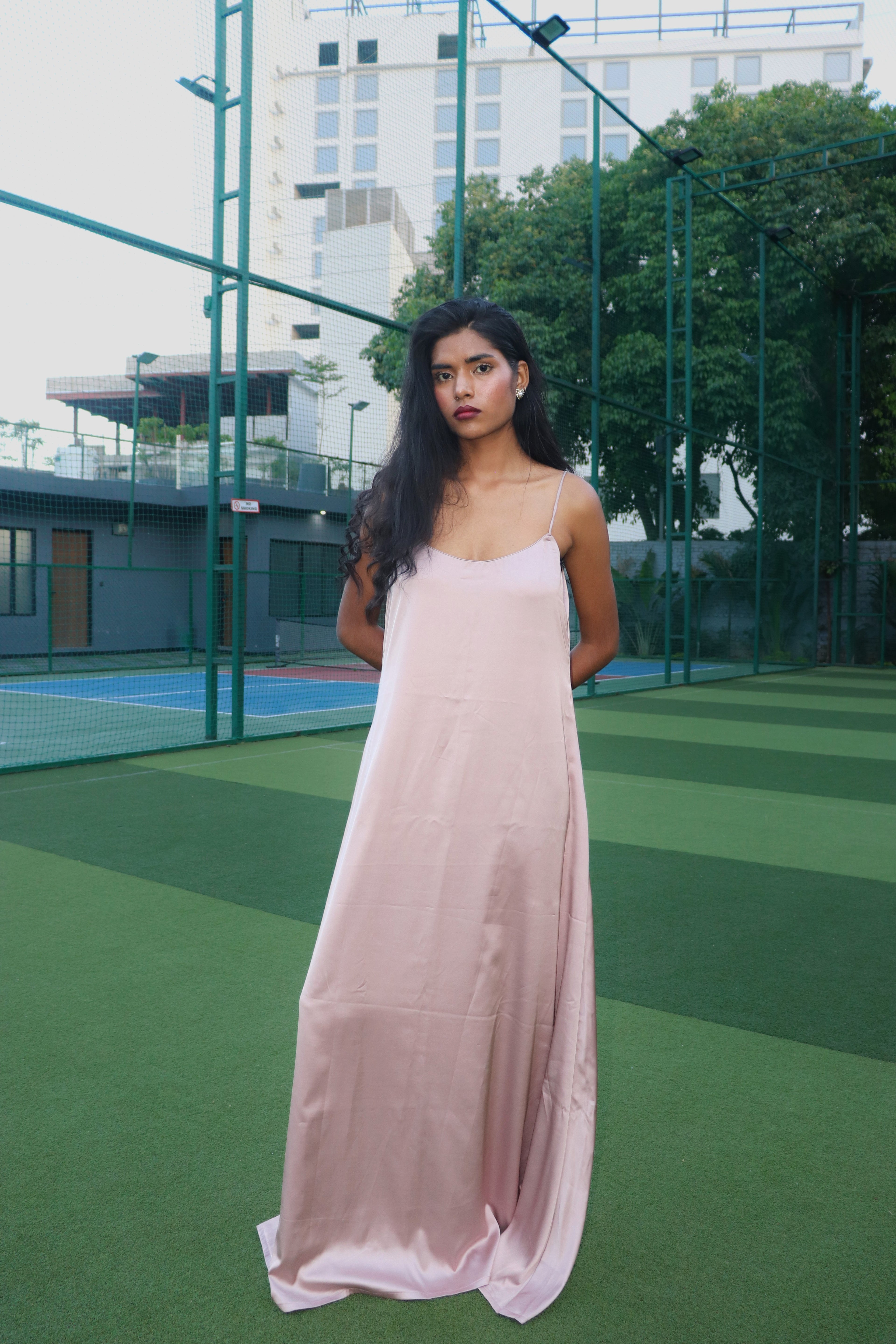 Nude satin maxi dress