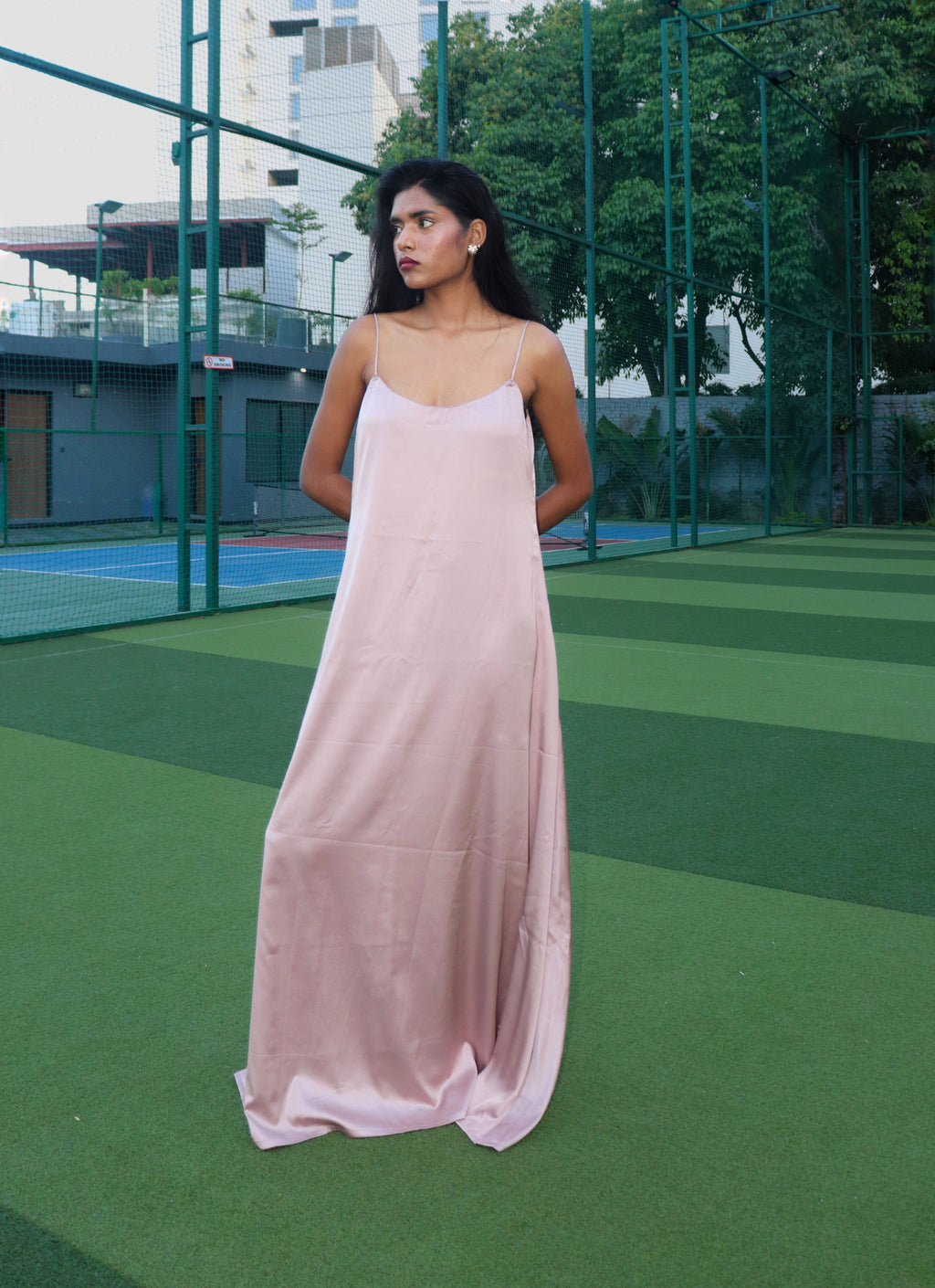 Nude satin maxi dress