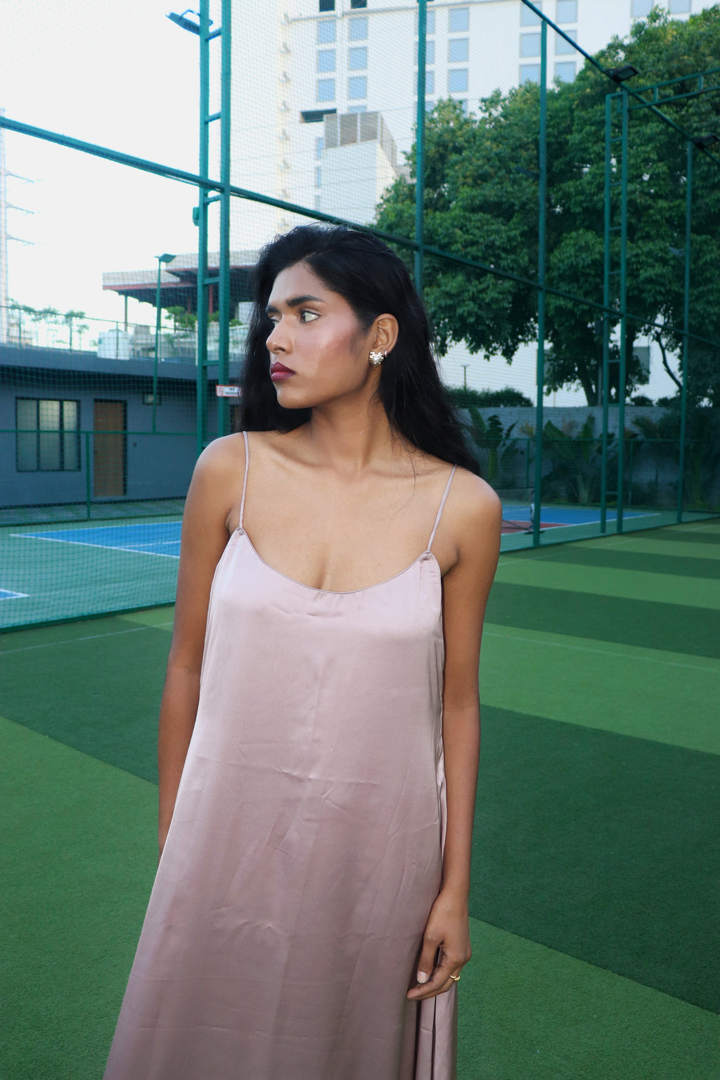 Nude satin maxi dress