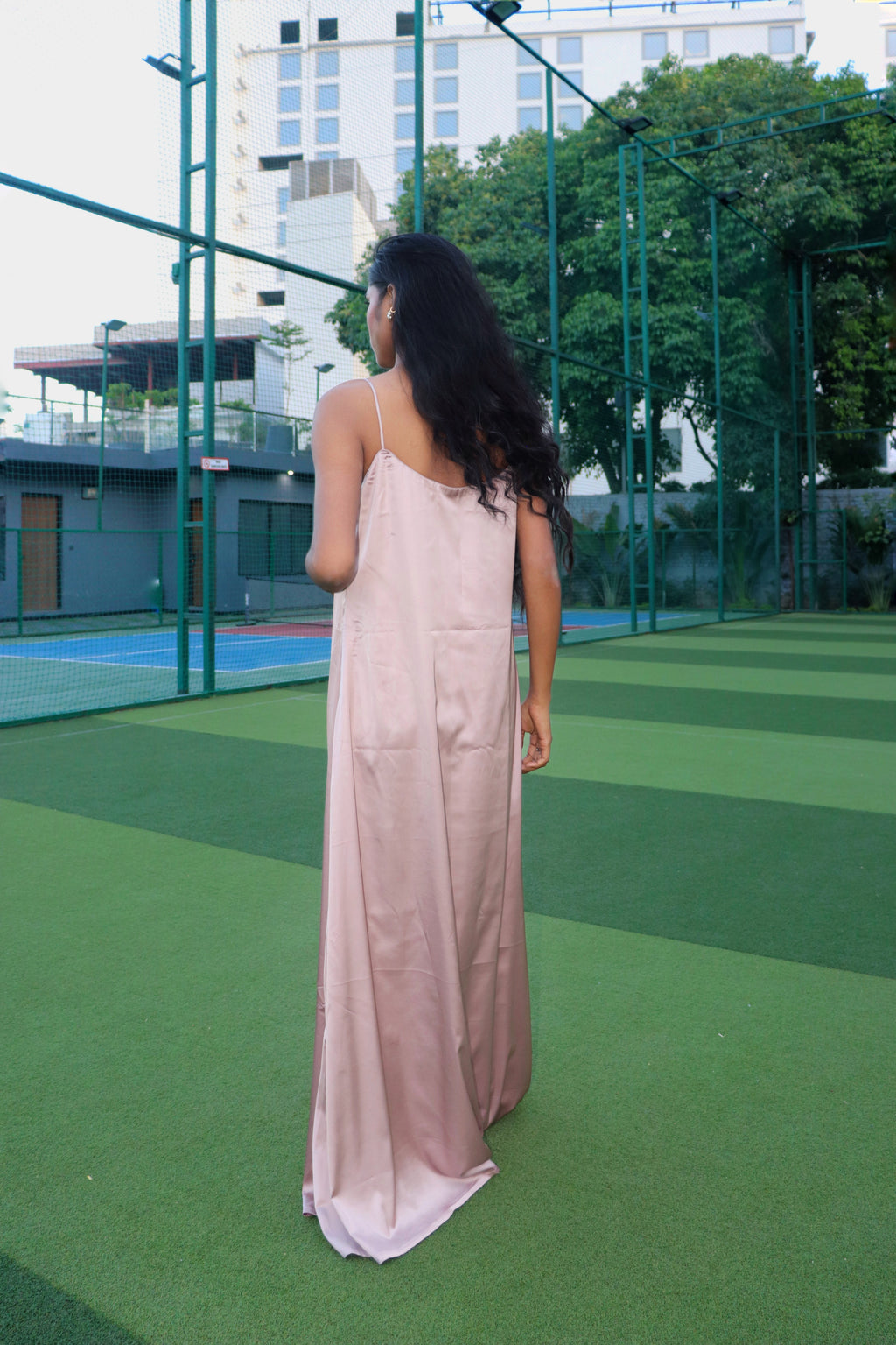 Nude satin maxi dress