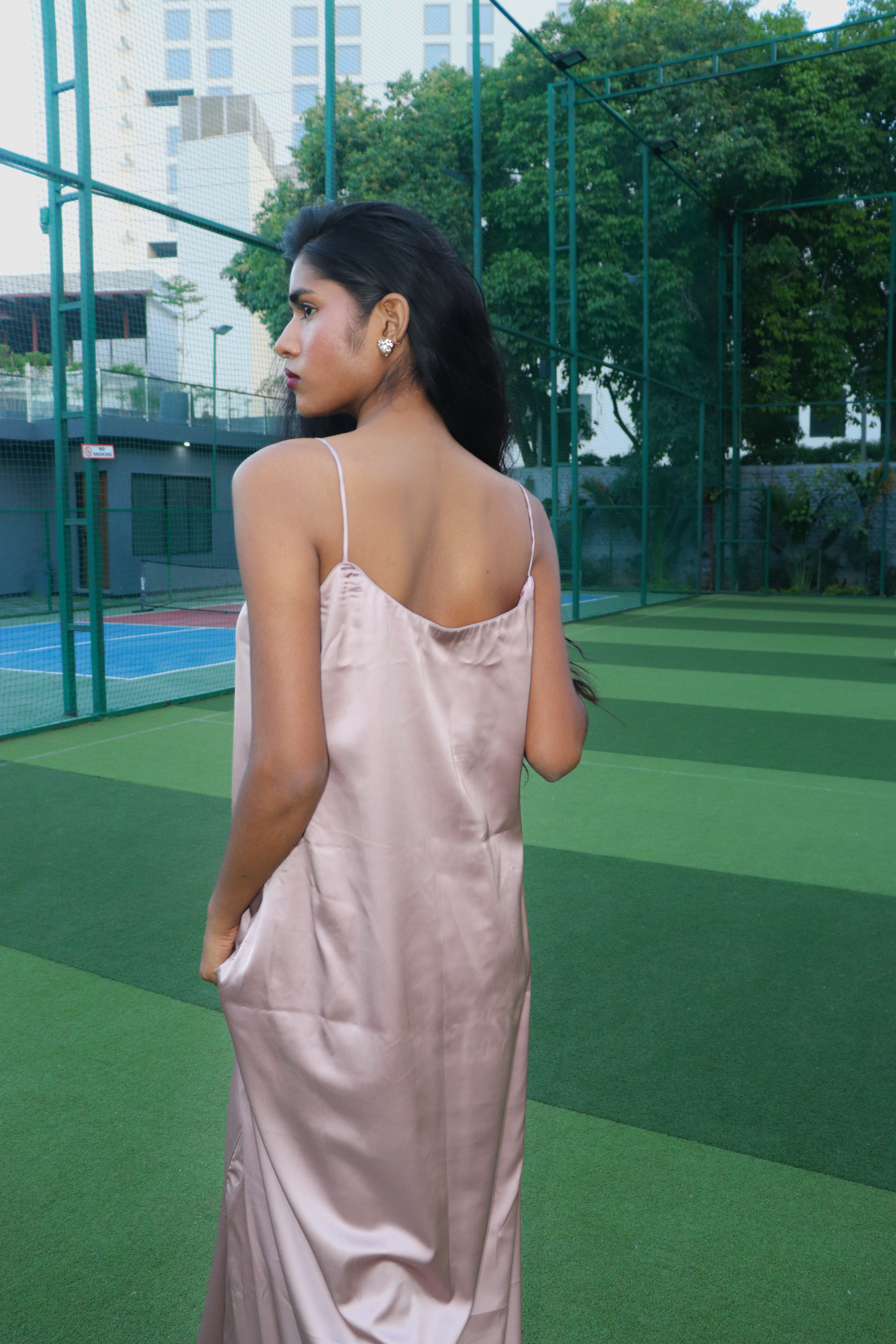 Nude satin maxi dress