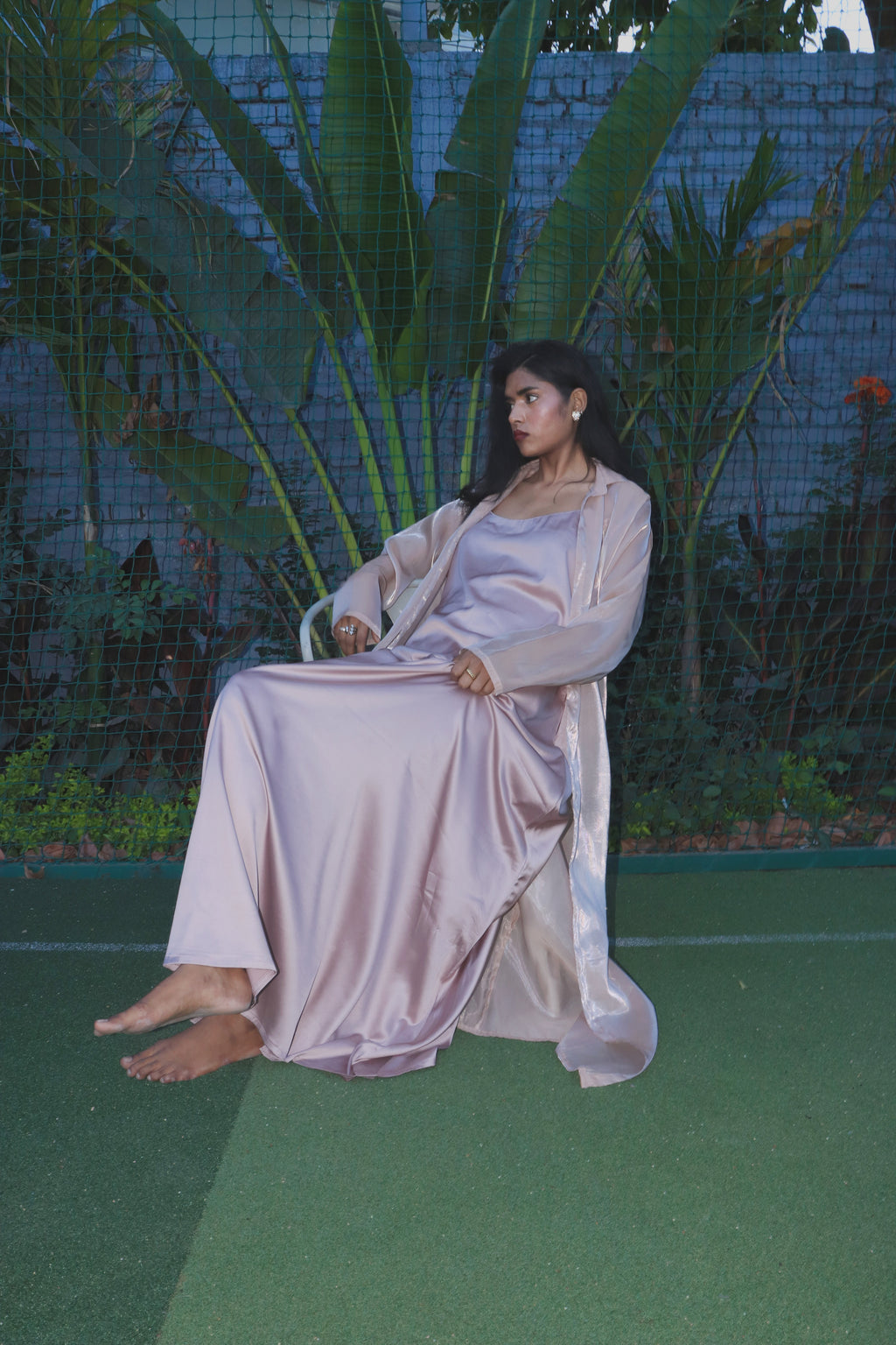 Floor length liquid organza shrug with nude satin maxi dress