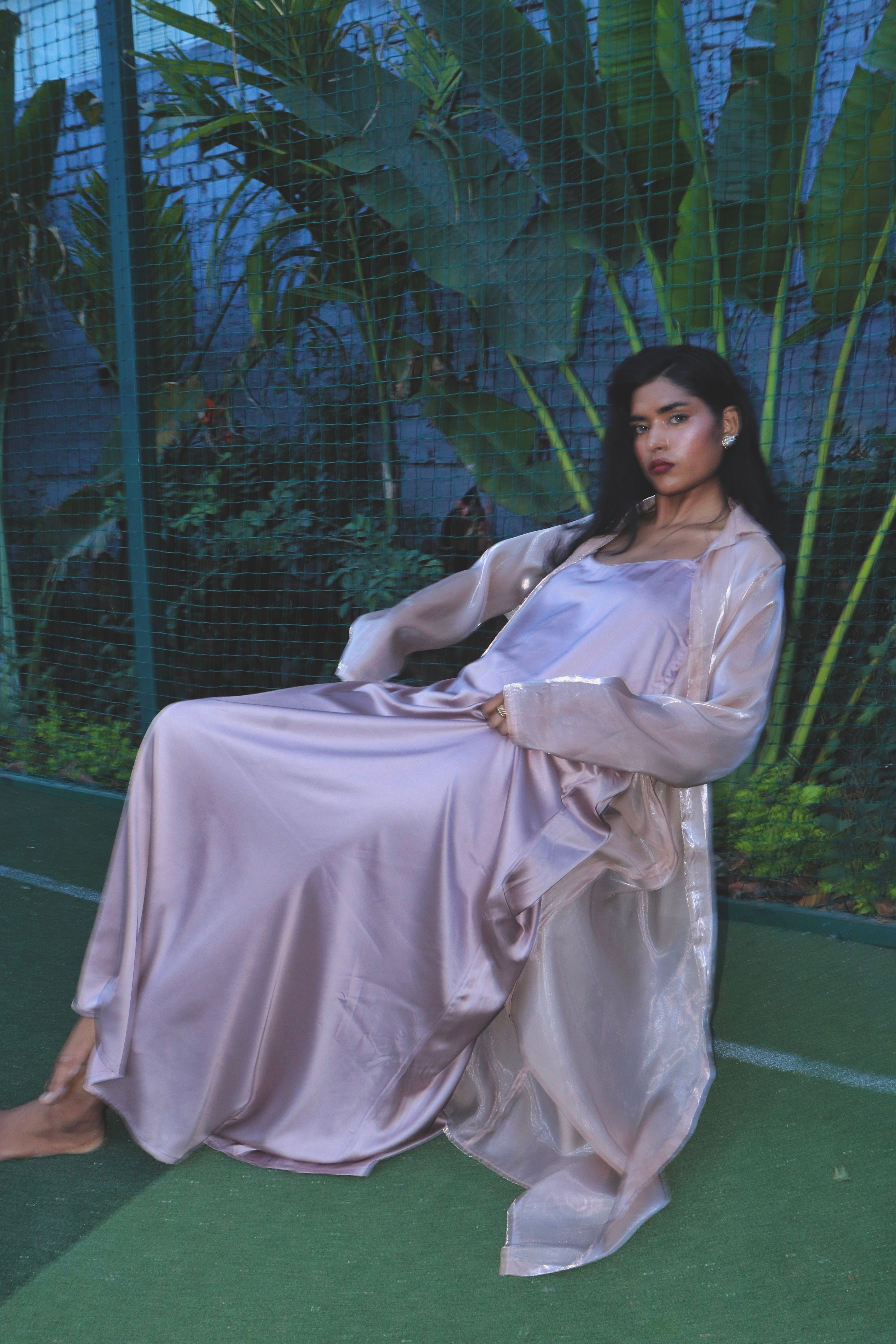 Floor length liquid organza shrug with nude satin maxi dress