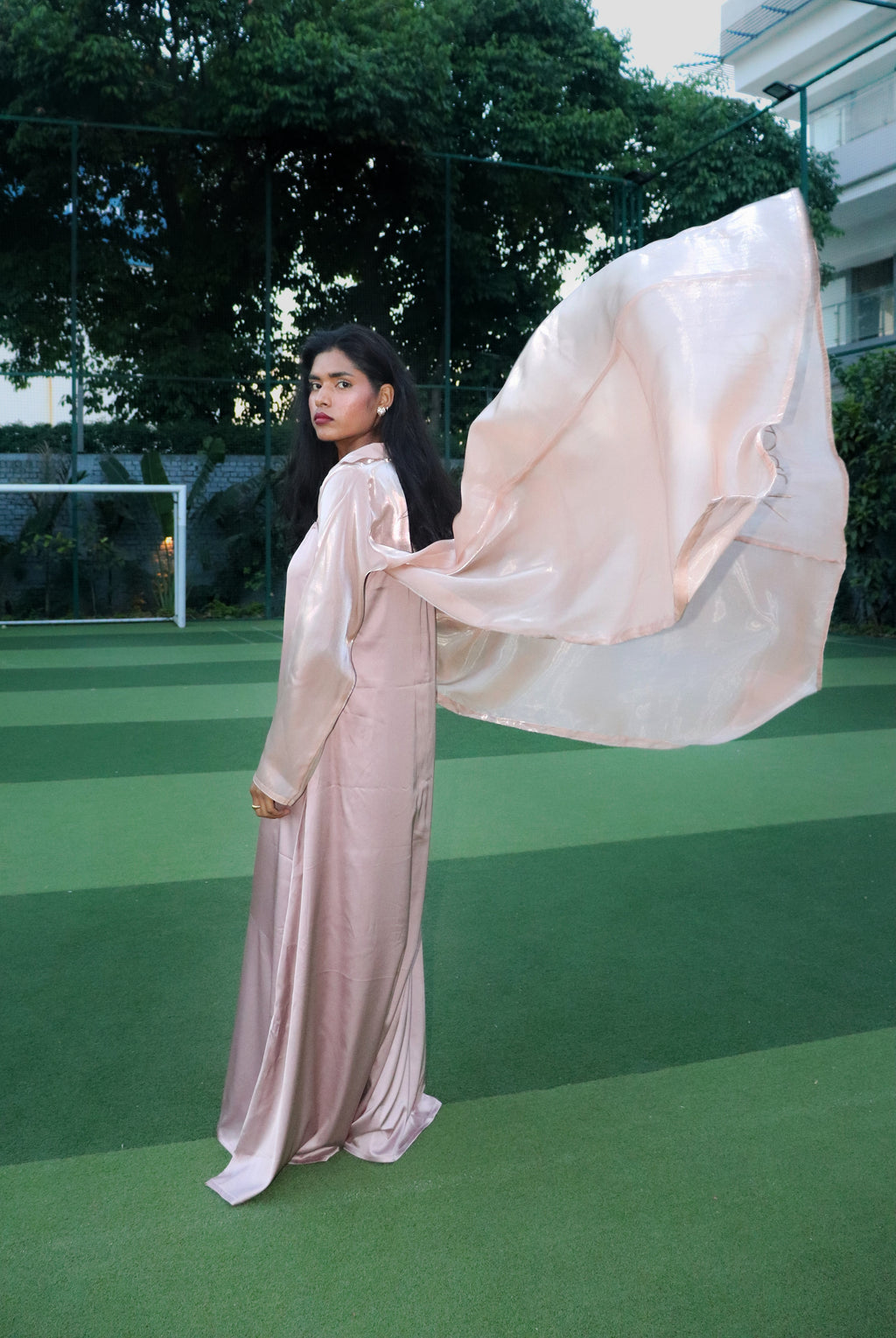 Floor length liquid organza shrug with nude satin maxi dress