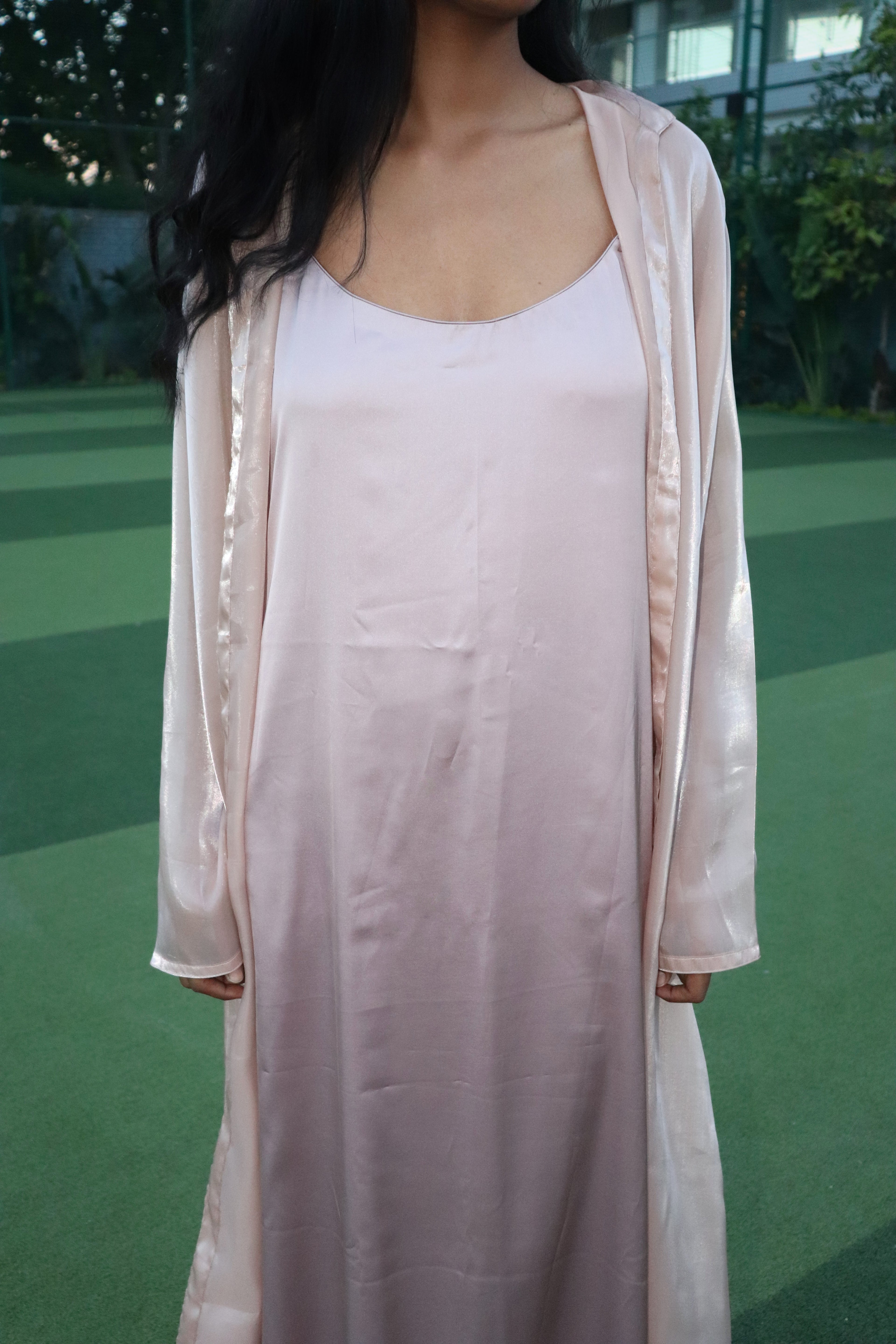 Floor length liquid organza shrug with nude satin maxi dress