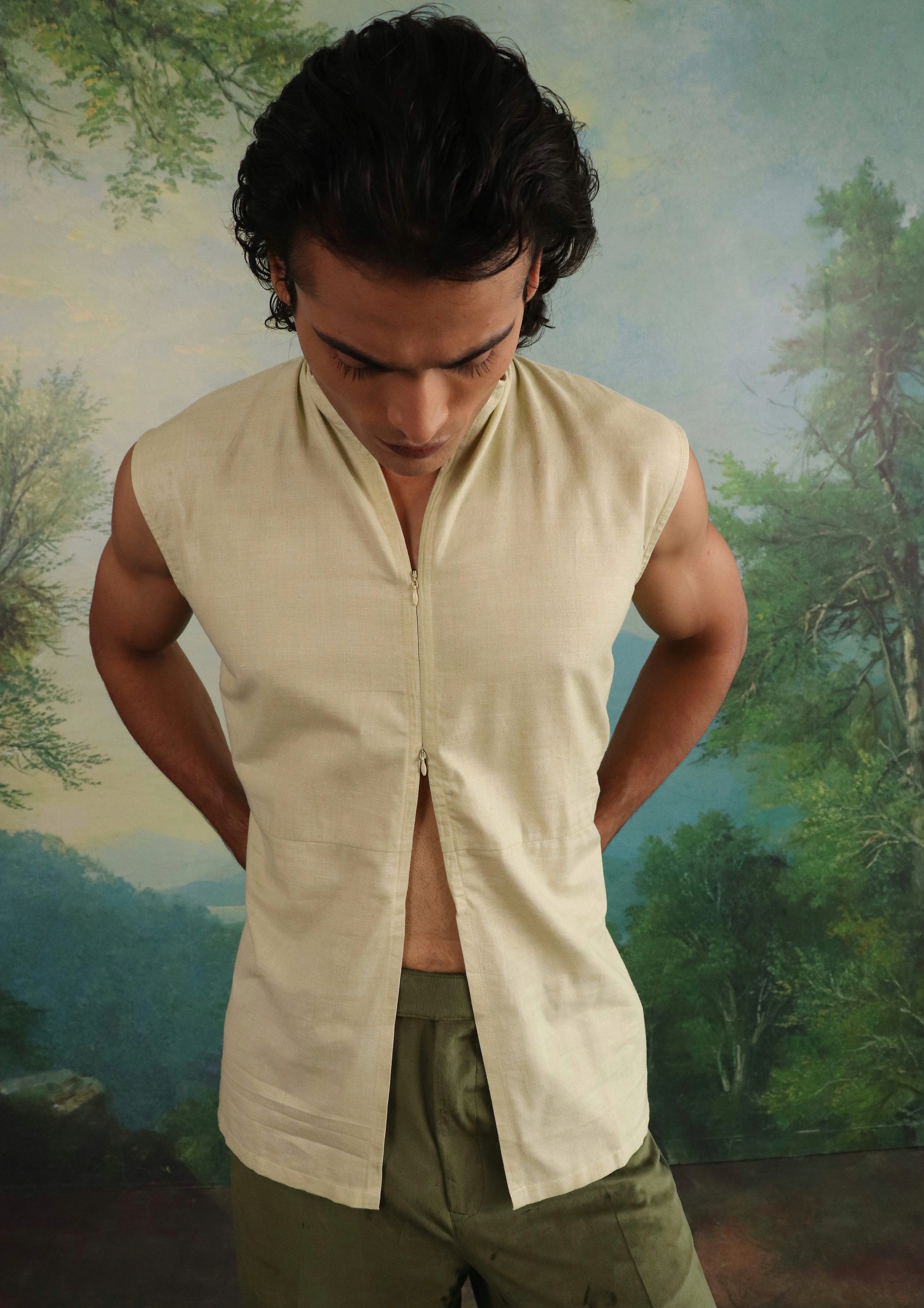 Pistachio Silk-Cotton Double Zip Pullover shirt