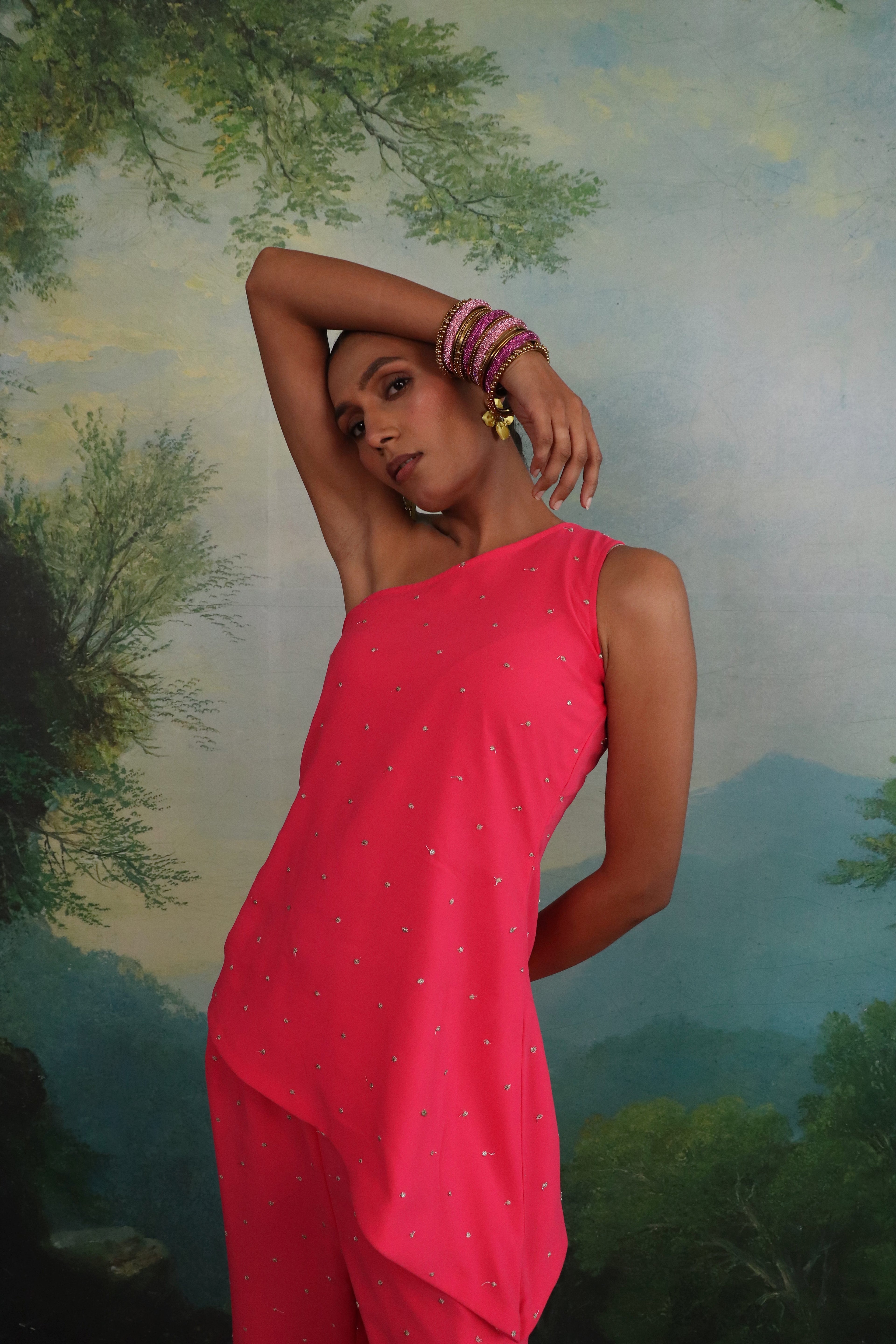Sunehri Pink One-Shoulder Set