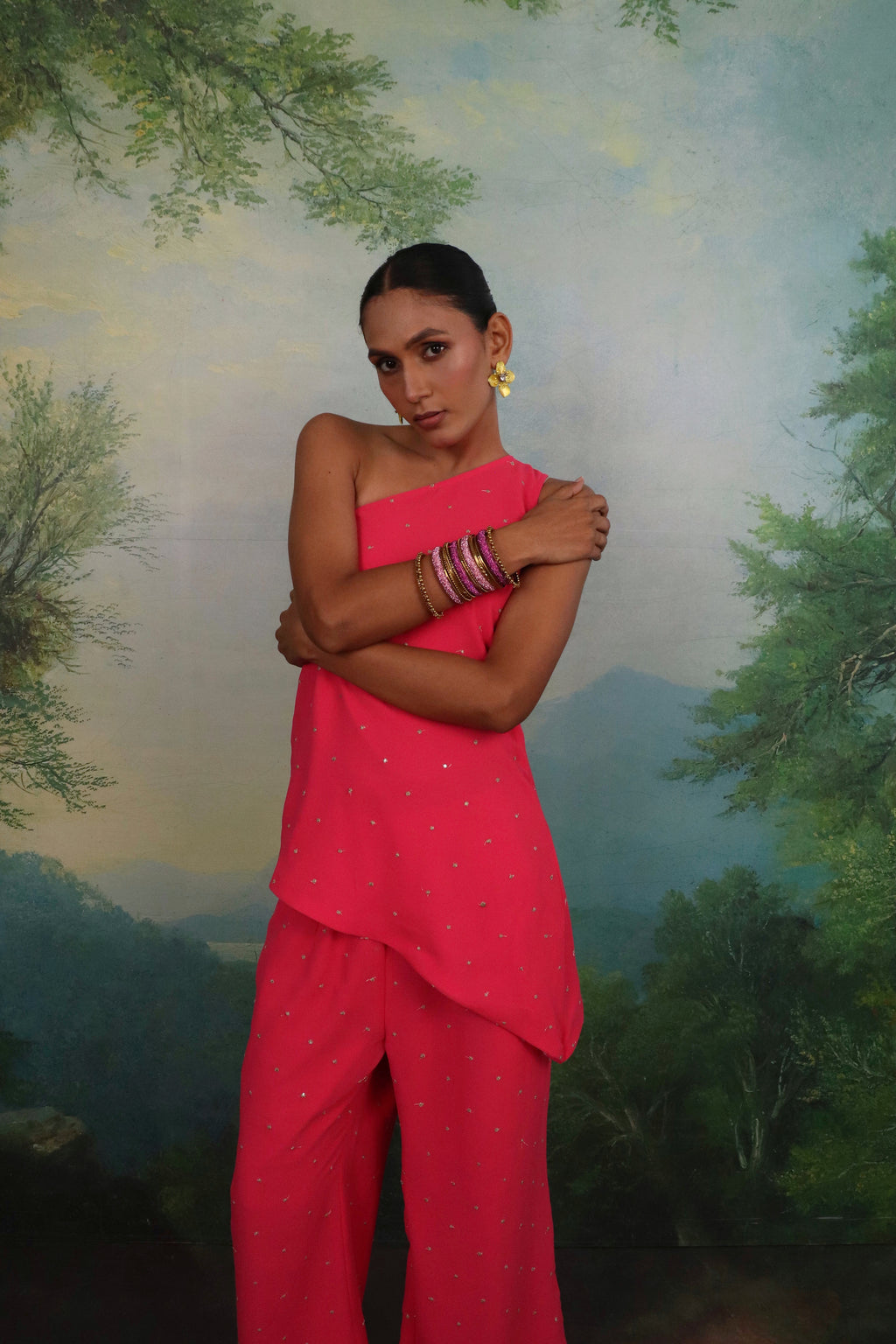 Sunehri Pink One-Shoulder Set