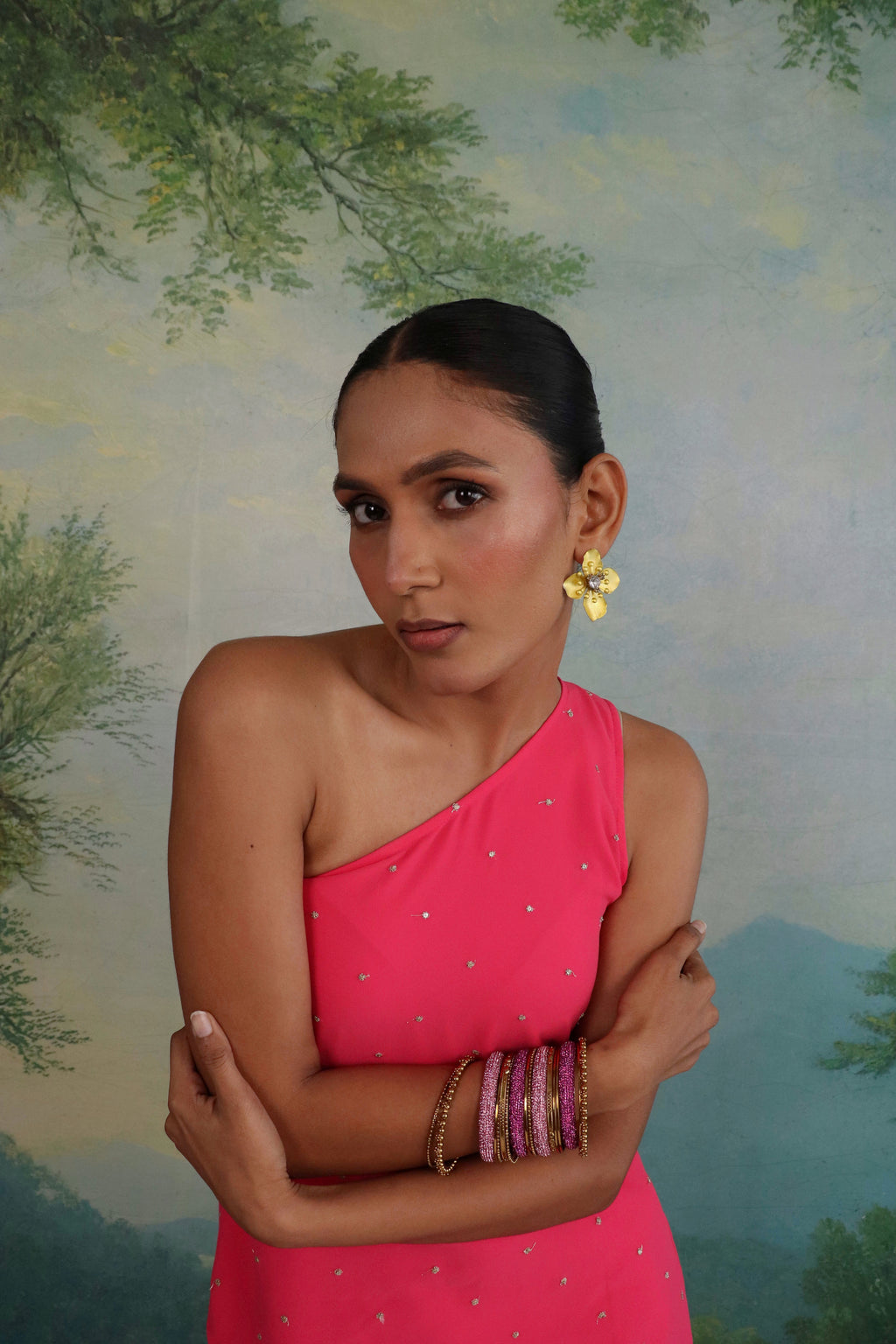 Sunehri Pink One-Shoulder Set